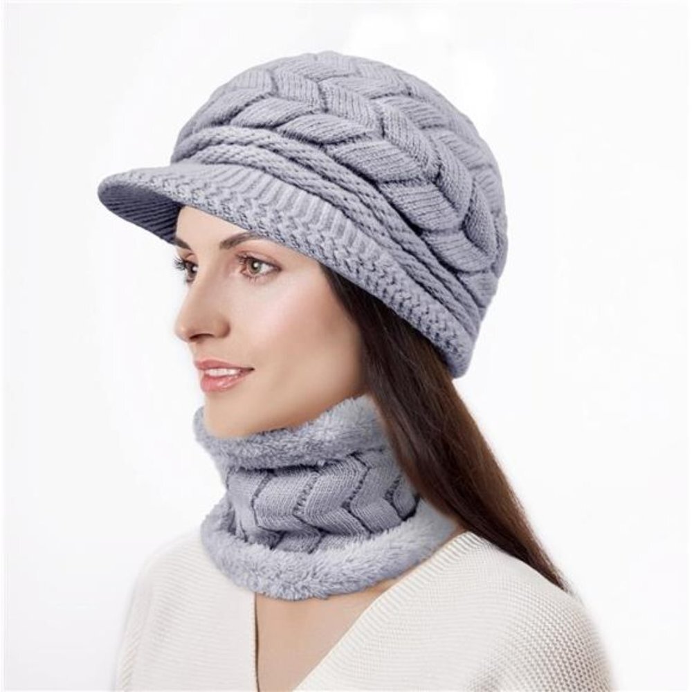 3-Pieces Knit Winter Hat Gloves Scarf Set Beanie Neck Warmer Touch Screen Gray